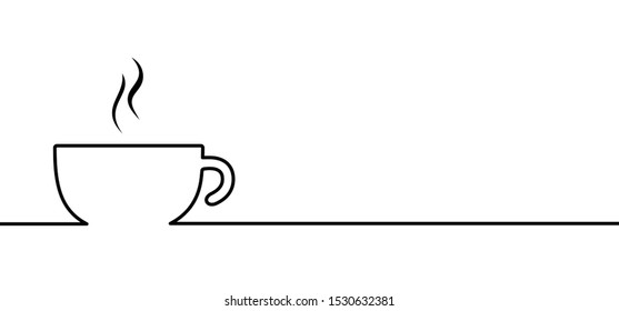 Hot coffee or tea . Mug with happy smile. Cartoon coffee cup or teacup line pattern. Coffee a clock or tea time. Beverage logo. Work, life balance concept for full energy.  Relaxing and chill idea.