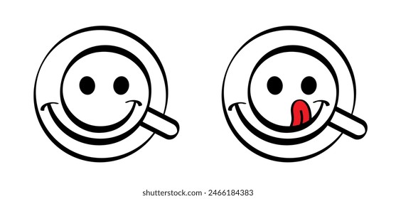 Hot coffee or tea. Mug with happy smile. Cartoon coffee cup or tea cup line pattern. Coffee a clock or tea time. Beverage logo. Work, life balance concept for full energy. 