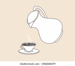 hot coffee from a teapot is poured into a white porcelain cup