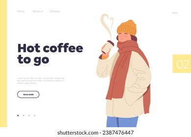 Hot coffee to-go landing page template with positive young woman character enjoying aroma beverage