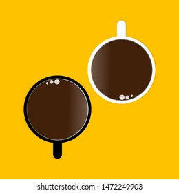 Hot coffee two cups white, black placed on a yellow background,square design concept poster illustration vector eps10
