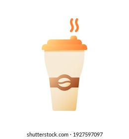 Icono de color plano del vector de café caliente. Grande latte en taza desechable. Orden del menú Coffeeshop. Bebe para ir. Llévate tarde. Saca mocha. Dibujo de dibujos animados para aplicaciones móviles. Ilustración RGB aislada