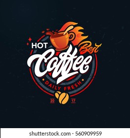 Hot coffee vector logo, lettering. Retro coffee emblem. Vector art.