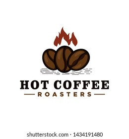 Hot coffee vintage logo with coffee beans and flame