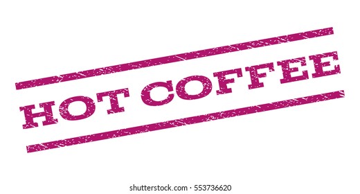 Hot Coffee watermark stamp. Text caption between parallel lines with grunge design style. Rubber seal stamp with dust texture. Vector purple color ink imprint on a white background.
