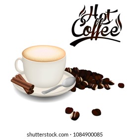 Hot Coffee White Coffee Cup Coffee Bean White Background Vector Image
