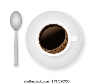 Hot coffee in a white cup and saucer. Vector stock illustration.