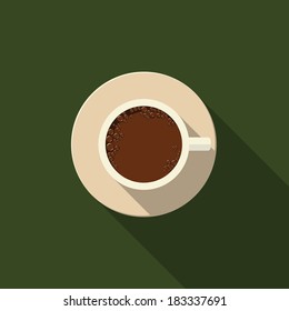 Hot coffee with white cup from the top view point in flat design and long shadow.  