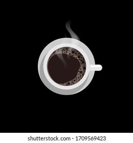 Hot coffee in a white cup. Vector illustration on black background
