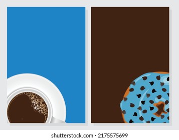 Hot coffee White mug and Donut blue glazed and chocolate chips topping in brown background  frame for print wall art decor