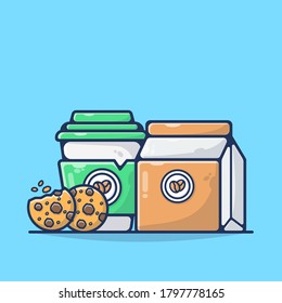 Hot Coffee wiht Cookies and Coffee Pouch Vector Illustration. Breakfast Time, Breakfast Menu in Morning.  Flat Cartoon Style Suitable for Sticker, Wallpaper, Icon, etc.