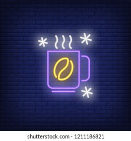 Hot coffee in winter neon sign. Luminous signboard with purple mug with coffee bean and snowflakes. Night bright advertisement. Vector illustration in neon style for refreshment, drink