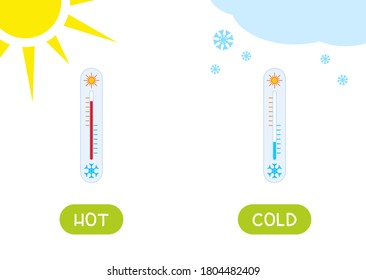 Plantilla vectorial de tarjeta de texto de antónimos calientes y fríos. Concepto opuesto. Flashcard para el aprendizaje del inglés. Sol y termómetro con alta temperatura, nieve y baja temperatura.