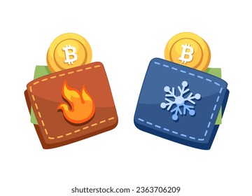 Ilustración de caricatura de símbolo de la cartera de Bitcoin caliente y frío Vector