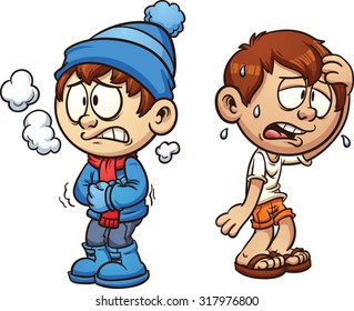 Hot and cold boy. Vector clip art illustration with simple gradients. Each on a separate layer. 
