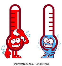 Hot and cold cartoon thermometers. Vector illustration