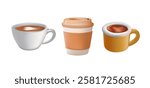 Hot and cold coffee beverage 3D illustrations set. Different types of drinks. Espresso, americano cup, cappuccino and latte in paper mug, iced macchiato in mug. 3D vector illustrations isolated