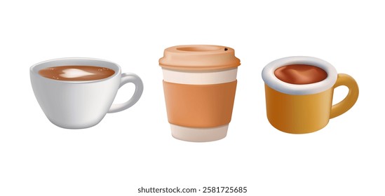 Hot and cold coffee beverage 3D illustrations set. Different types of drinks. Espresso, americano cup, cappuccino and latte in paper mug, iced macchiato in mug. 3D vector illustrations isolated