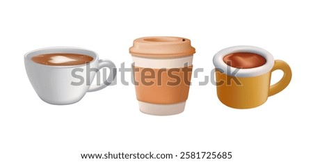 Hot and cold coffee beverage 3D illustrations set. Different types of drinks. Espresso, americano cup, cappuccino and latte in paper mug, iced macchiato in mug. 3D vector illustrations isolated