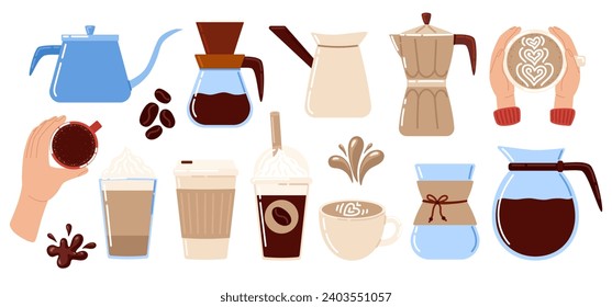 Bebida de café caliente y frío. Colección de elementos de café. Café expreso, capuchino y latte. Prensa francesa, taza, taza, hervidor. Cafetería. Vector 