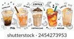 Hot and cold coffee beverage with cute doodle decoration. Espresso, americano cup, cappuccino and latte in glasses. Vector illustration blended coffee for logo, ads, promotion, marketing, banner.