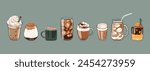 Hot and cold coffee beverage with cute doodle decoration. Espresso, americano cup, cappuccino and latte in glasses. Vector illustration blended coffee for logo, ads, promotion, marketing, banner.