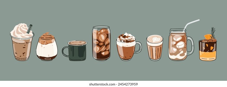 Hot and cold coffee beverage with cute doodle decoration. Espresso, americano cup, cappuccino and latte in glasses. Vector illustration blended coffee for logo, ads, promotion, marketing, banner.