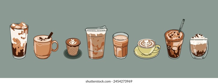 Hot and cold coffee beverage with cute doodle decoration. Espresso, americano cup, cappuccino and latte in glasses. Vector illustration blended coffee for logo, ads, promotion, marketing, banner.