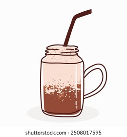 Hot or cold coffee beverage with cute doodle decoration. Espresso, americano cup, cappuccino and latte in glasses. Vector illustration hand drawn style.
