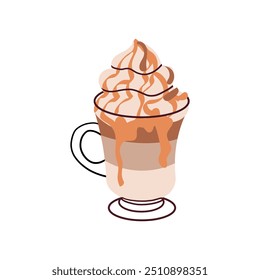 Hot or cold coffee beverage with cute doodle decoration. Espresso, americano cup, cappuccino and latte in glasses. Vector illustration hand drawn style.