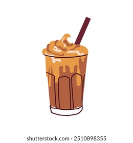 Hot or cold coffee beverage with cute doodle decoration. Espresso, americano cup, cappuccino and latte in glasses. Vector illustration hand drawn style.