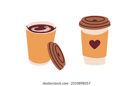 Hot or cold coffee beverage with cute doodle decoration. Espresso, americano cup, cappuccino and latte in glasses. Vector illustration hand drawn style.