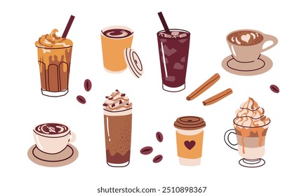 Hot or cold coffee beverage with cute doodle decoration. Espresso, americano cup, cappuccino and latte in glasses. Vector illustration hand drawn style.