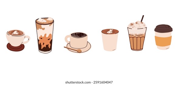 Hot and cold coffee beverage with cute doodle decoration. Espresso, cup of Americano, cappuccino and latte in paper mugs. Vector illustration blended coffee for logo, ads.