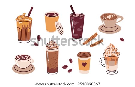 Hot or cold coffee beverage with cute doodle decoration. Espresso, americano cup, cappuccino and latte in glasses. Vector illustration hand drawn style.