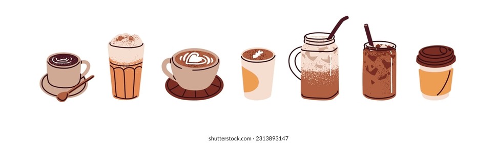 Hot and cold coffee beverage. Different types of drinks set. Espresso, americano cup, cappuccino and latte in paper mug, iced macchiato in glass. Flat vector illustrations isolated on white background