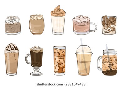 Hot and cold coffee beverage. Different types of drinks set. Flat vector illustration isolated on white background