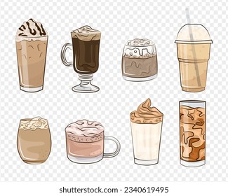 Hot and cold coffee beverage. Different types of drinks set. Flat vector illustration isolated on transparent background