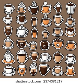 Hot and cold coffee beverage. Different types of drinks set. Espresso, americano cup, cappuccino and latte in paper mug