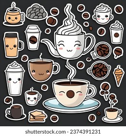 Hot and cold coffee beverage. Different types of drinks set. Espresso, americano cup, cappuccino and latte in paper mug