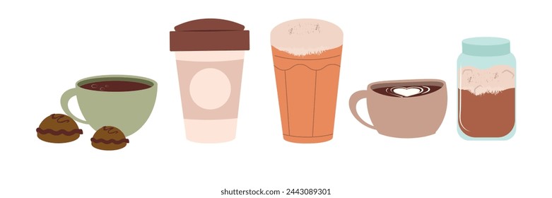 Hot and cold coffee beverage. Different types of drinks set. Espresso, americano cup, cappuccino and latte in paper mug, iced macchiato in glass. Flat vector illustrations isolated on white background