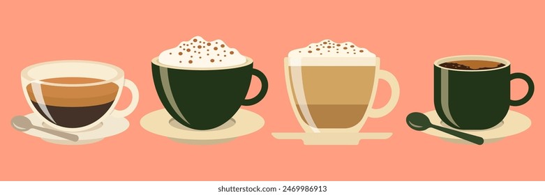 Heißes und kaltes Kaffeegetränk. Verschiedene Arten von Getränken gesetzt. Espresso, amerikanischer Becher, Cappuccino und Latte in Papierbecher, geeister Macchiato aus Glas. Flache Vektorillustrationen isoliert auf weißem Hintergrund