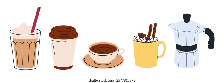 Hot and cold coffee beverage. Different types of drinks set. Espresso, americano cup, cappuccino and latte in paper mug, iced macchiato in glass. Flat vector illustrations isolated on white background