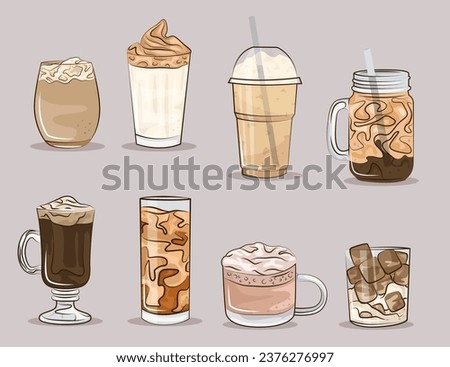 Hot and cold coffee beverage. Different types of drinks set. Flat vector illustration isolated on background