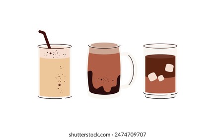 Hot and cold coffee beverage logo. Different types of drinks set