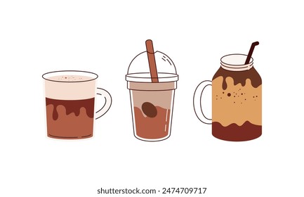 Logo für kalte und warme Kaffeegetränke. Verschiedene Arten von Getränken Set