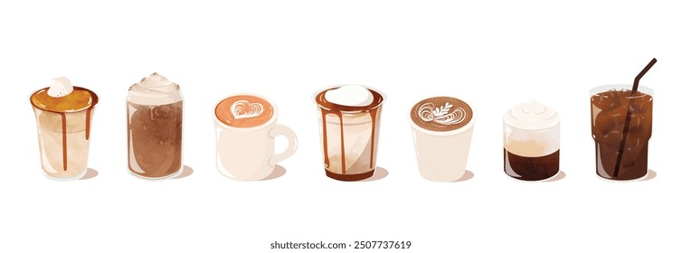 Hot and cold coffee beverage with watercolor decoration. Espresso, americano cup, cappuccino and latte in glasses. Vector illustration blended coffee for logo, ads, promotion, marketing, banner.