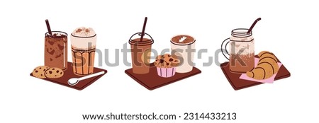 Hot and cold coffee, desserts set. Coffe beverages, cappuccino in glass with straw, cup with bakery, croissant, cookies, cupcake, muffin. Flat graphic vector illustrations isolated on white background
