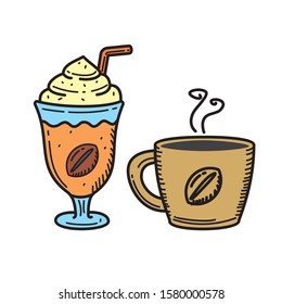 Hot and cold coffee drink vector illustration with colored hand drawn style isolated on white background