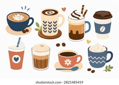 Hot and cold coffee drinks flat illustration collection